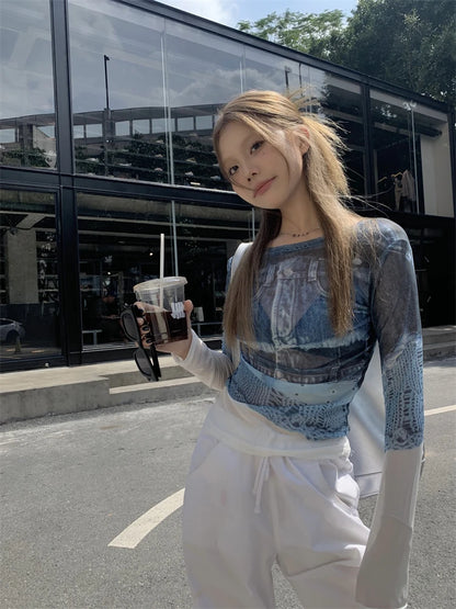 Cathy Dollette Korean Style Mesh TopSee Through T Shirt  Long Sleeve  Vintage Tee Top Summer Tshirts Female