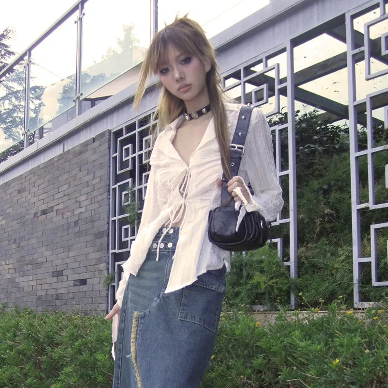 Cathy Dollette  s Pleated Shirt Fairycore Lace Up Blouse Trashy 2000s Style V-neck Shirt Irregular Japanese Harajuku 90s