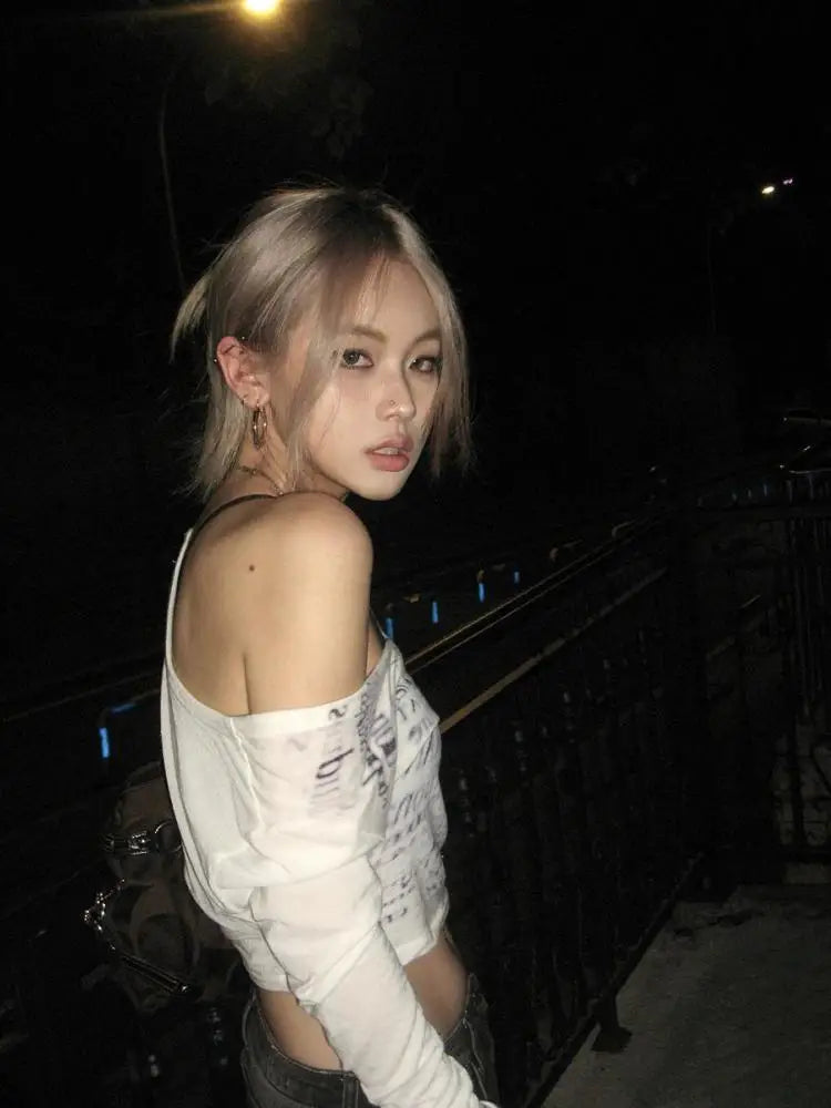 Cathy Dollette Gothic Print Grunge T Shirt  V Neck Letter  Vintage Top Autumn Skinny Fairy Tshits Korean Style