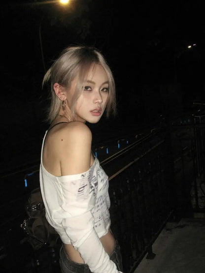 Cathy Dollette Gothic Print Grunge T Shirt  V Neck Letter  Vintage Top Autumn Skinny Fairy Tshits Korean Style
