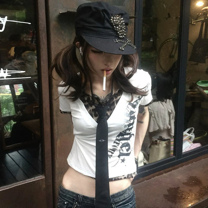 Cathy Dollette Japanese  Fake Two-piece TopTrashy 2000s Style Letter Print  Vintage Harajuku Leopard Patchwork Crop Top 90s
