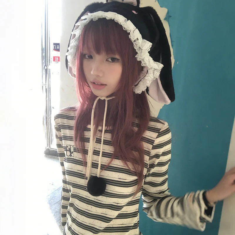 Cathy Dollette Japanese  Striped Knit  Vintage Harajuku Long Sleeve Knitted TopKorean 2000s Style Knitwear American Retro