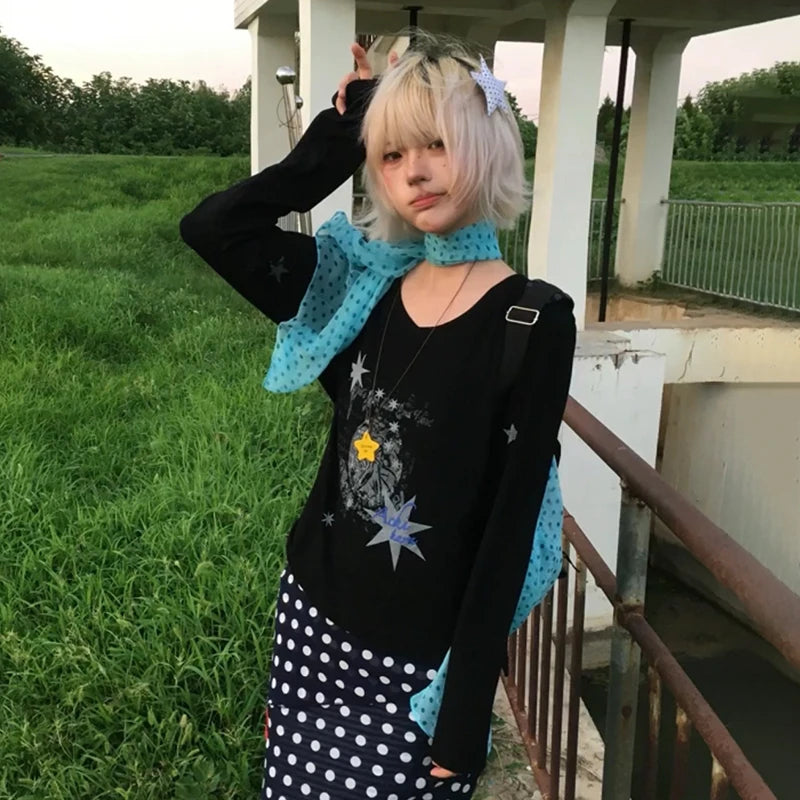 Cathy Dollette Japanese  Star Print  Vintage Harajuku Long Sleeve V-neck Top2000s s Streetwear American Retro 90s