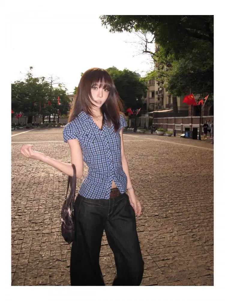 Cathy Dollette Hotsweet Blue Plaid Turn-down Collar 's Shirt Button Up 2025 Summer Short Sleeve Blouse Vintage Korean