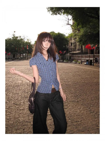 Cathy Dollette Hotsweet Blue Plaid Turn-down Collar 's Shirt Button Up 2025 Summer Short Sleeve Blouse Vintage Korean