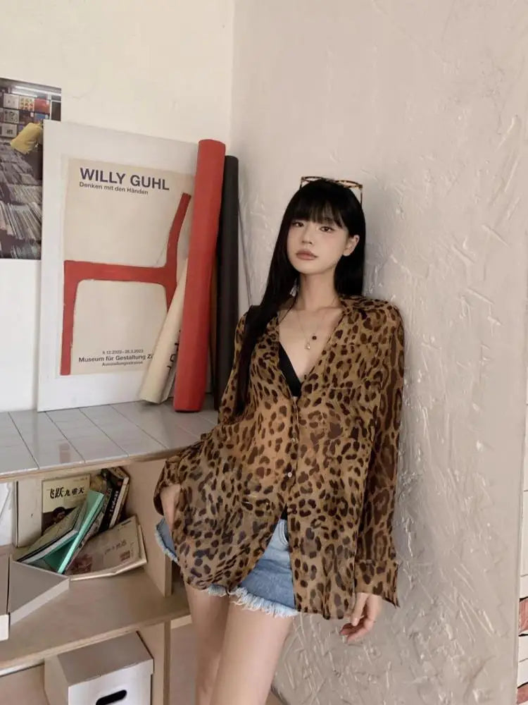 Cathy Dollette Hotsweet Leopard Chiffon Shirt  Button Up Single Breasted Long Sleeve Autumn Top2000s  Shirts And Blouses Chic