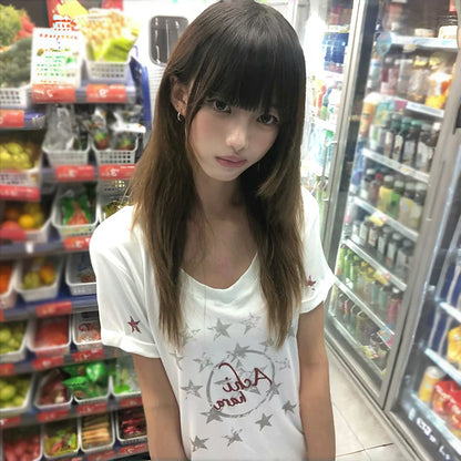 Cathy Dollette Japanese  Letter Print  2000s Style V-neck Tee Shirt  Vintage Harajuku Short Sleeve T Shirt American Retro 90s