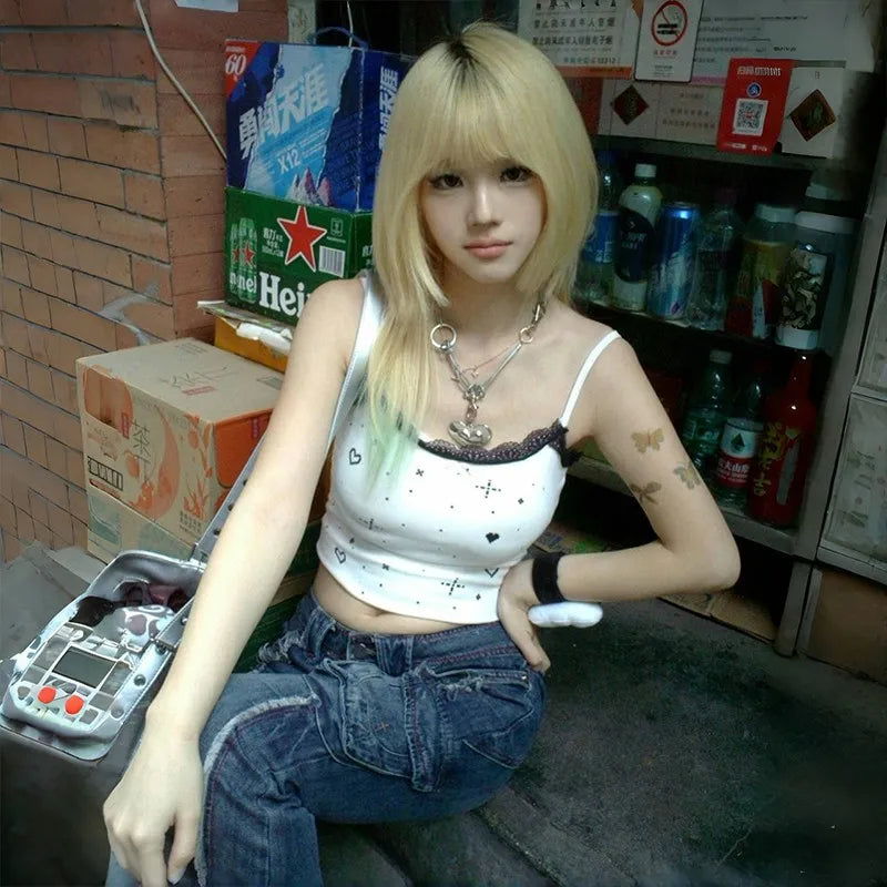 Cathy Dollette Japanese  Lace Camisole Vintage Harajuku White Cami TopTrashy 2000s s Tank Top Grunge Korean Popular 90s