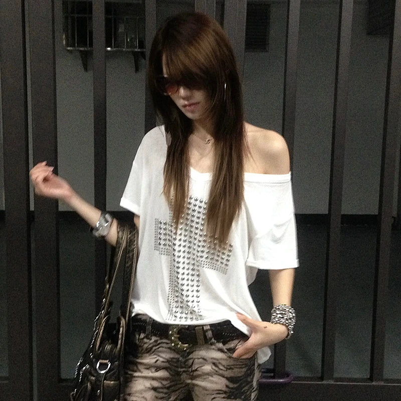 Cathy Dollette Japanese  Metal Cross Print  Trashy 2000s V-neck Sheer TopVintage Harajuku Short Sleeve Streetwear Grunge