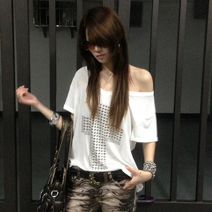 Cathy Dollette Japanese  Metal Cross Print  Trashy 2000s V-neck Sheer TopVintage Harajuku Short Sleeve Streetwear Grunge