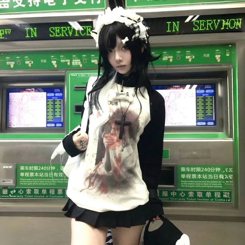 Cathy Dollette Japanese  Punk Print  Grunge s Long Sleeve Patchwork TopTrashy 2000s Streetwear Vintage Harajuku