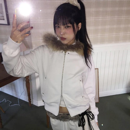 Cathy Dollette Japanese  Thin Fur Coat  Vintage Korean Style Black Hooded Jacket Grunge s Fur Collar Zipper Coat 00s