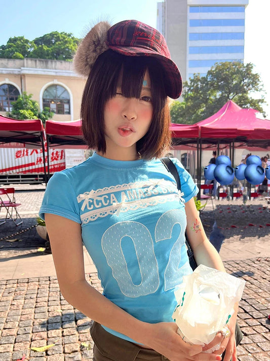 Cathy Dollette  Japanese Print T Shirt  Slim Blue Short Sleeve Tee Streetwear Grunge TopSummer Graphic Crop Tops