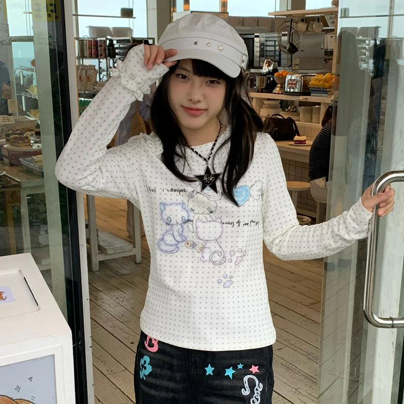 Cathy Dollette Japanese  Anime Print Knitted Top2000s s Long Sleeve  Cutecore Polka Dots Ribbed TopKawaii Cat