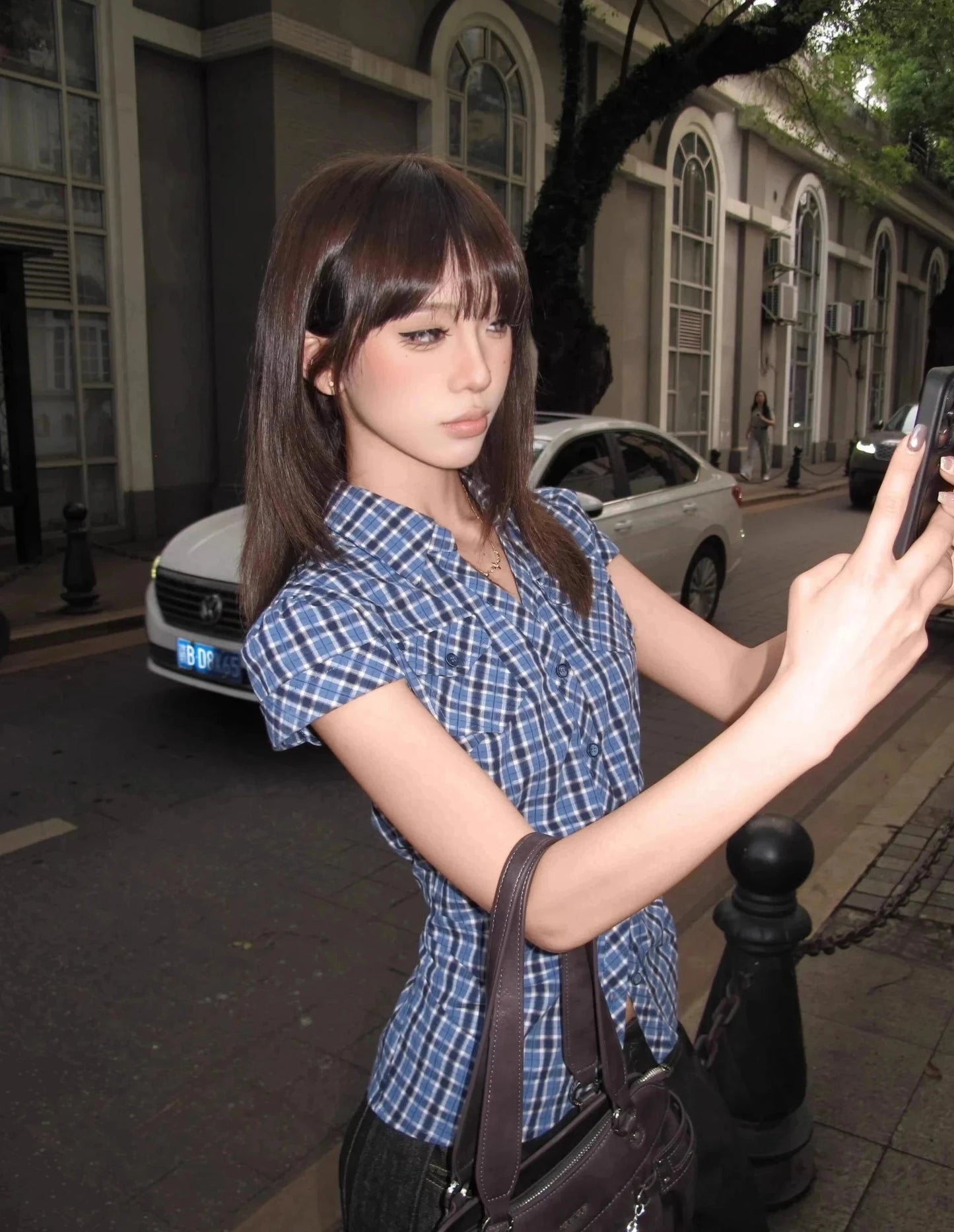 Cathy Dollette Hotsweet Blue Plaid Turn-down Collar 's Shirt Button Up 2025 Summer Short Sleeve Blouse Vintage Korean