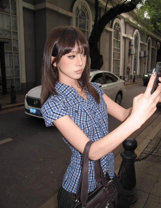 Cathy Dollette Hotsweet Blue Plaid Turn-down Collar 's Shirt Button Up 2025 Summer Short Sleeve Blouse Vintage Korean