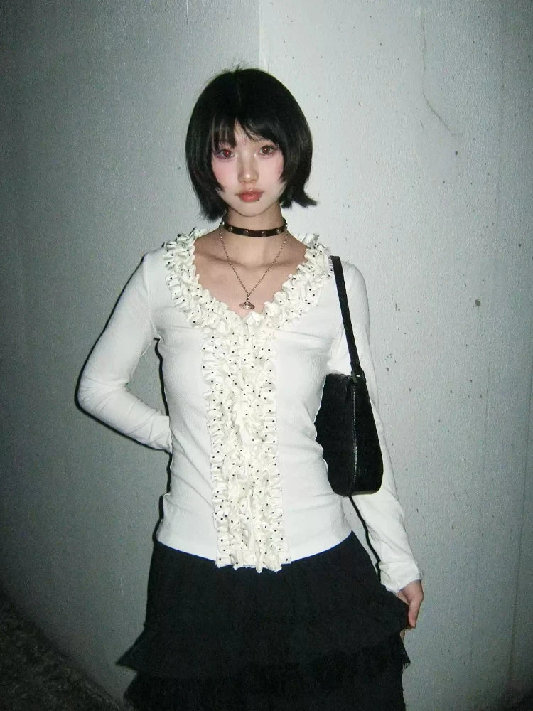 Cathy Dollette Korean Style   Long Sleeve Patchwork  Fairycore Tee Top Japanese 2000s Polka Dot Tshirts