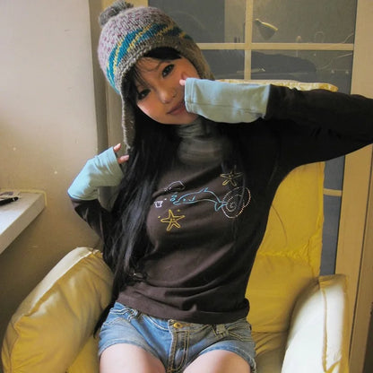 Cathy Dollette Japanese  Turtleneck  Grunge s Patchwork TopVintage Diamond Print Long Sleeve Tshirt Harajuku 2000s