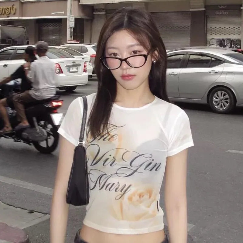 Cathy Dollette Vintage Print Mesh Short Sleeve Skinny See Through Crop Top Retro Tshirts Streetwear 2000s Japanese Tee Tops