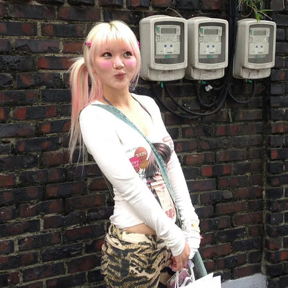 Cathy Dollette Japanese  Anime Print  2000s s Long Sleeve Tee Shirt Vintage Harajuku V-neck White TopKawaii Lolita