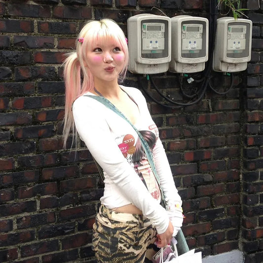 Cathy Dollette Japanese  Anime Print  2000s s Long Sleeve Tee Shirt Vintage Harajuku V-neck White TopKawaii Lolita