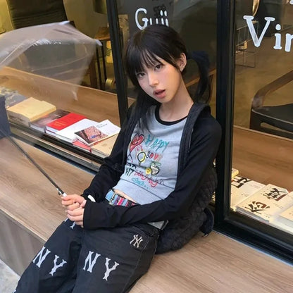 Cathy Dollette Japanese  Graffiti Print  Vintage Harajuku Long Sleeve Patchwork Crop Top 2000s s Ribbed Top American