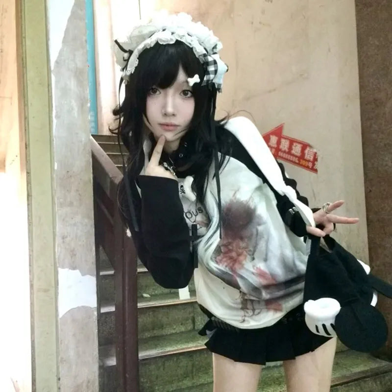 Cathy Dollette Japanese  Punk Print  Grunge s Long Sleeve Patchwork TopTrashy 2000s Streetwear Vintage Harajuku