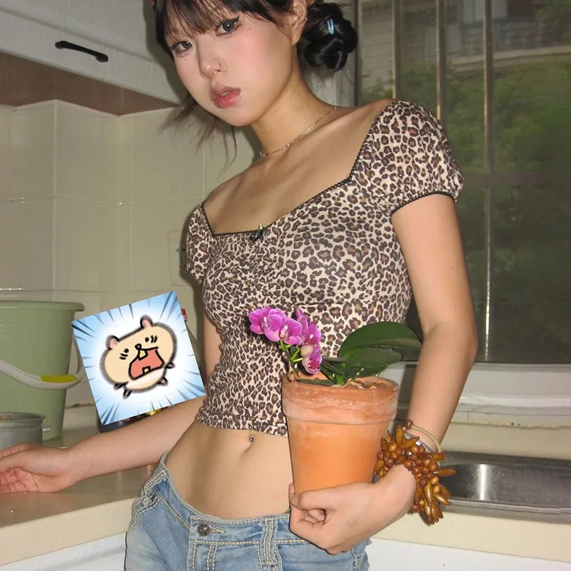 Cathy Dollette Japanese  Leopard Print TopVintage Harajuku Short Sleeve Crop Top Trashy 2000s V-neck Lace  Coquette Korean
