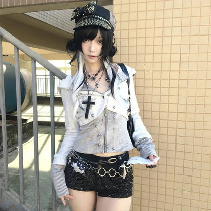 Cathy Dollette Japanese  Fake Two-piece Knitted TopTrashy 2000s Hooded Jacket Vintage Harajuku Knitwear Grunge s American