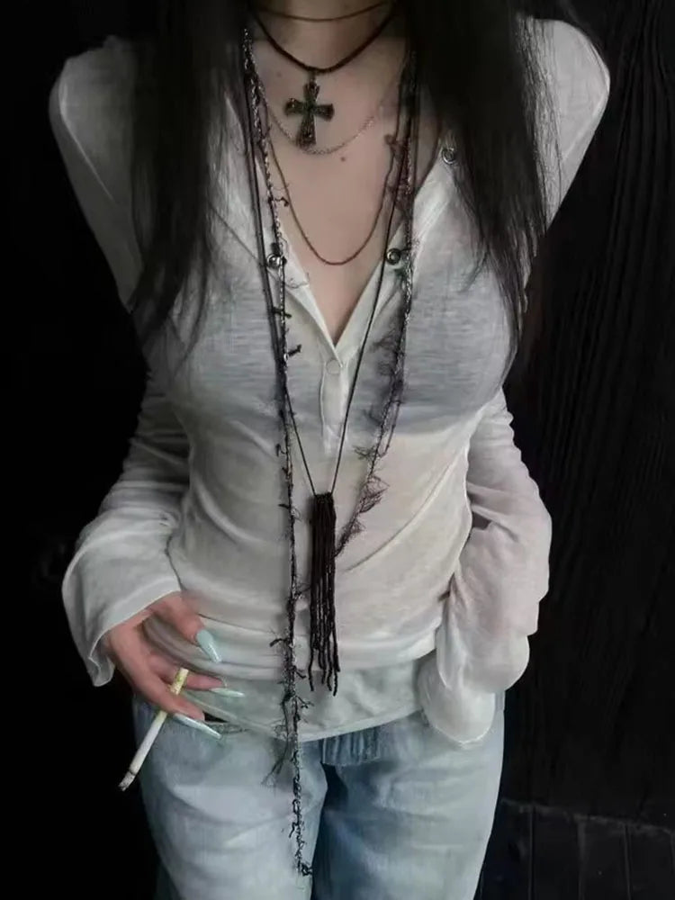 Cathy Dollette Hooded T Shirt  Clothes Long Sleeve See Through Slim 2000s Clothes  Tees Female Clothing Chic Spring TopKorean