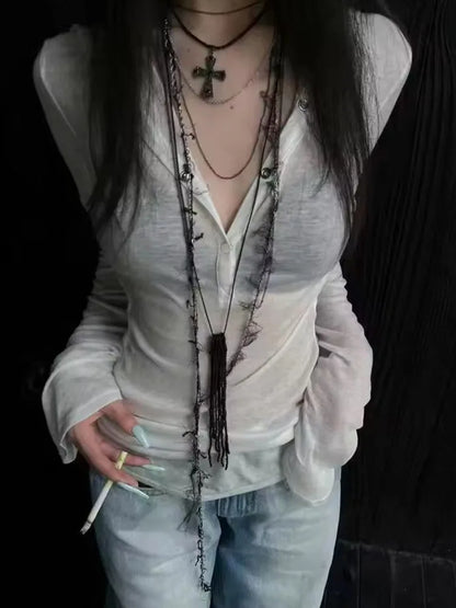 Cathy Dollette Hooded T Shirt  Clothes Long Sleeve See Through Slim 2000s Clothes  Tees Female Clothing Chic Spring TopKorean