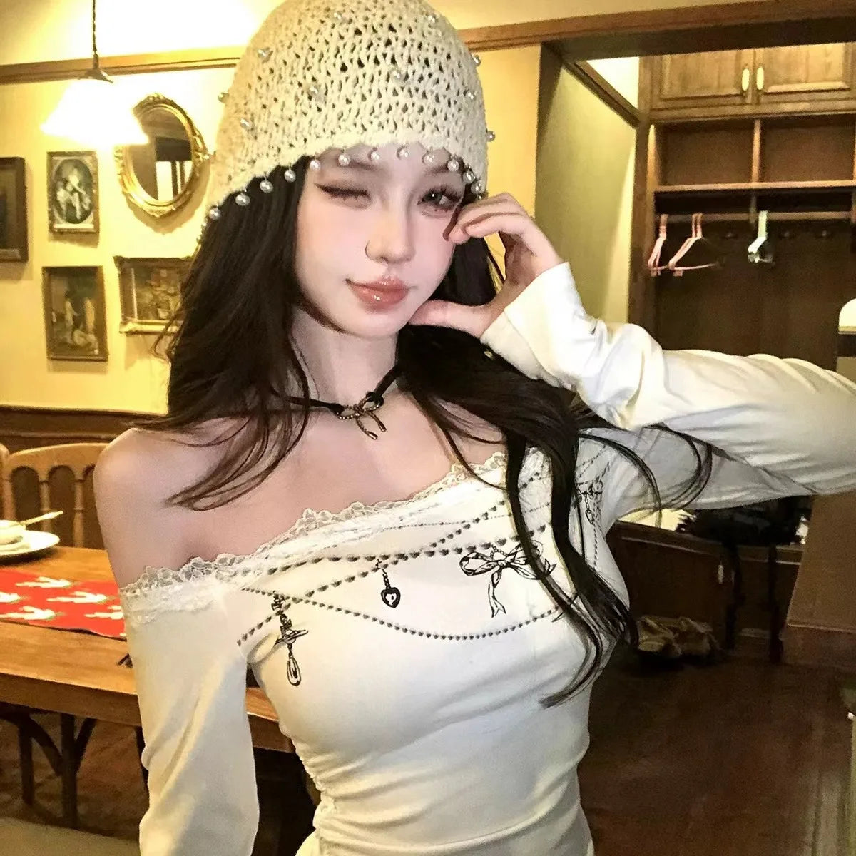 Cathy Dollette Vintage Print T Shirt  Skinny Long Sleeve Graphic Top  Aesthethic Crop TopOff Shoulder Tshirts