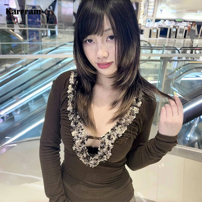 Cathy Dollette Japanese  V-neck Sequin TopTrashy 2000s Style Sxey Long Sleeve  Vintage Harajuku Slim TopAmerican Retro