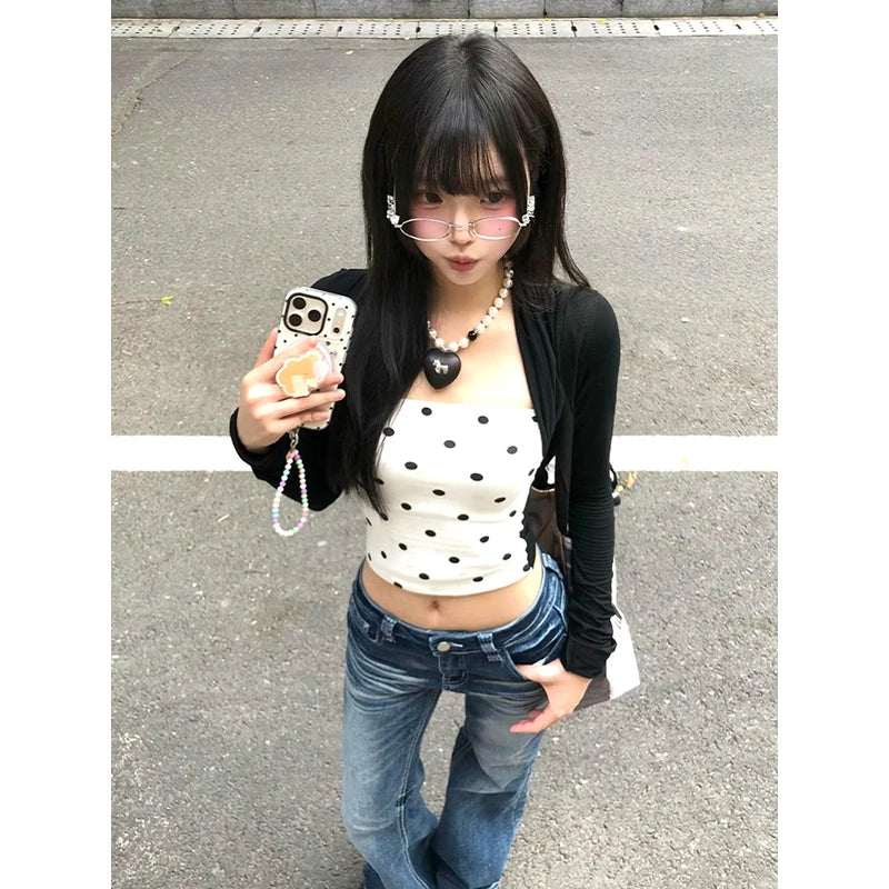 Cathy Dollette Korean Style   Polka Dot Patchwork Crop Top Fairycore Tshirts Japanese 2000s Streetwear Tee Tops
