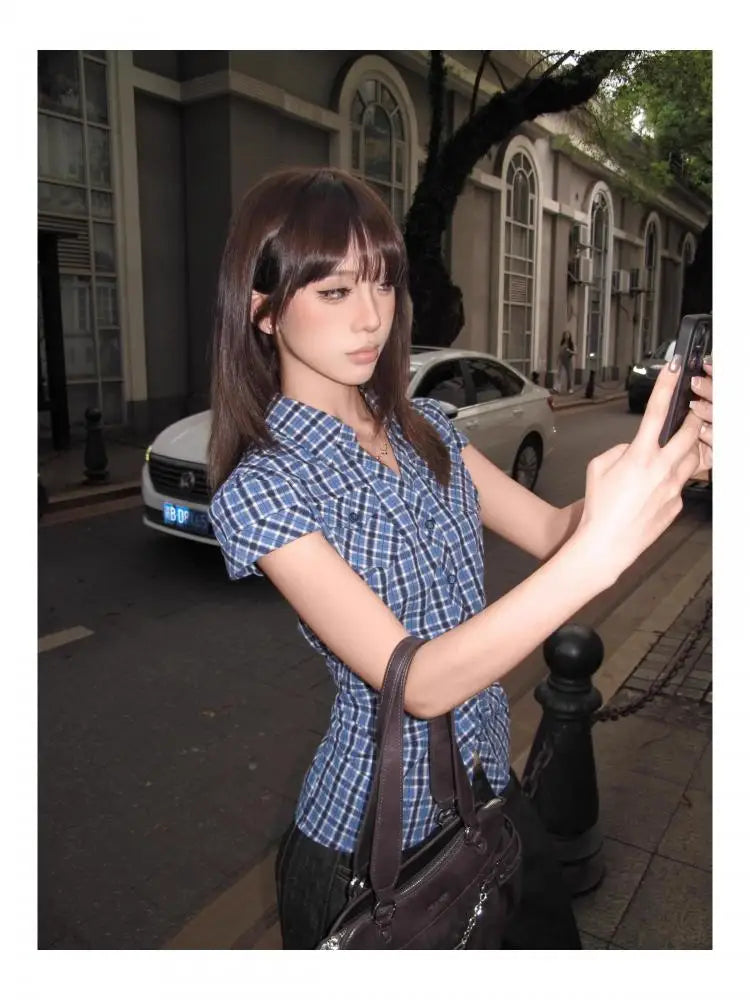Cathy Dollette Hotsweet Blue Plaid Turn-down Collar 's Shirt Button Up 2025 Summer Short Sleeve Blouse Vintage Korean