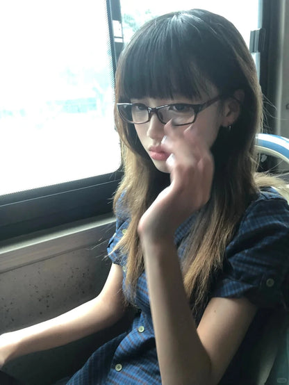 Cathy Dollette  Japanese  Shirt Short Sleeve Irregular Plaid Blouse And Shirt Grunge Top 2000s Shirts Tops
