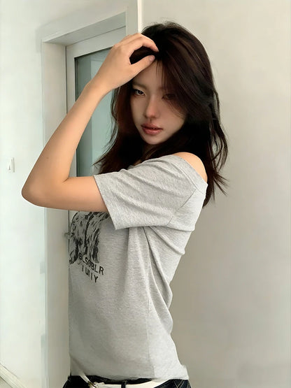 Cathy Dollette American Retro T-shrit  Off Shouder Print Graphic Top Vintage TopE-girls Streetwear Japanese 2000s Tshirts