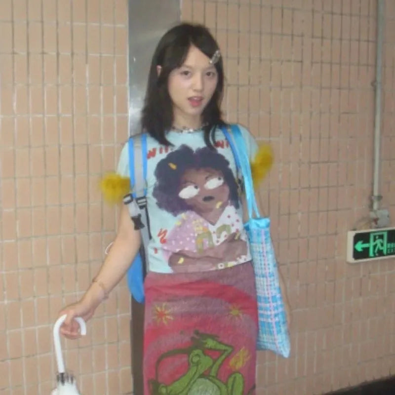 Cathy Dollette Japanese  Graffiti Print  Trashy 2000s Style Crop Top Vintage Harajuku Removable Fur Sleeve Tee Shirt American