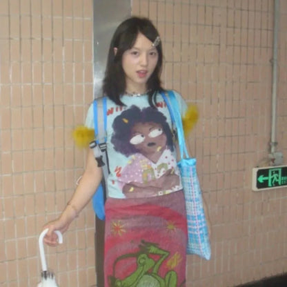 Cathy Dollette Japanese  Graffiti Print  Trashy 2000s Style Crop Top Vintage Harajuku Removable Fur Sleeve Tee Shirt American