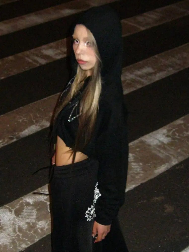 Cathy Dollette Hooded Print 's  Long Sleeve Crop TopSpring Graphic Tees Female Clothing 2000s Clothes  Streetwear Chic