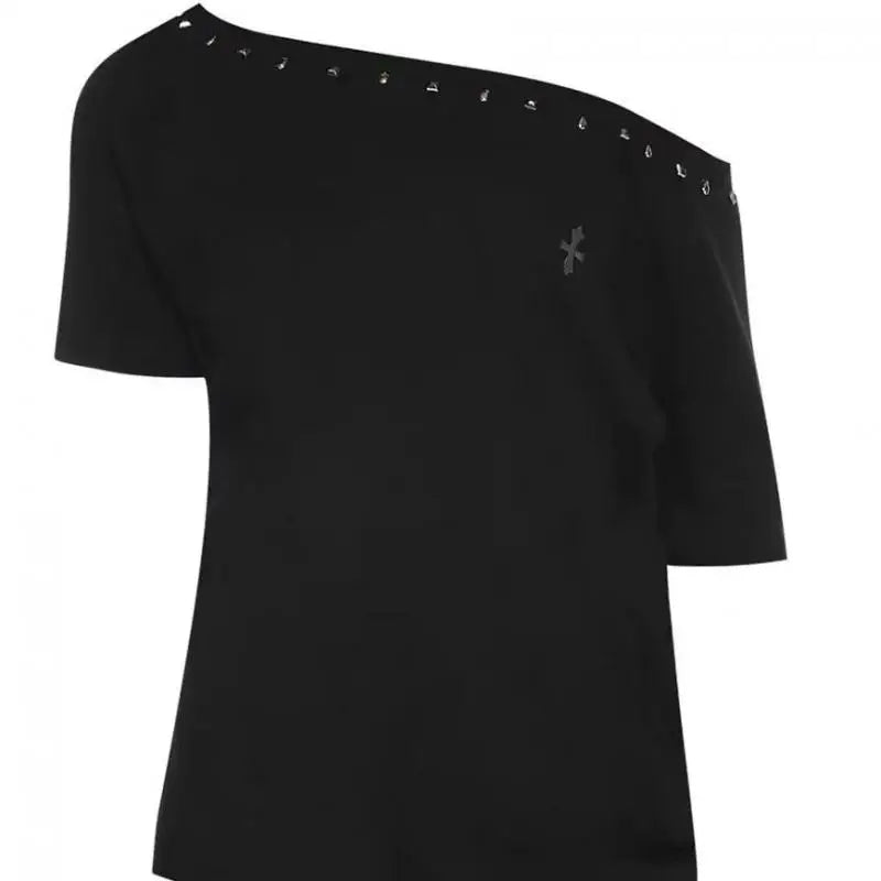 Cathy Dollette Black Off Shoulder Cross 's  Short Sleeve 2000s Clothes  Summer TopTees Female Clothing Chic Vintage