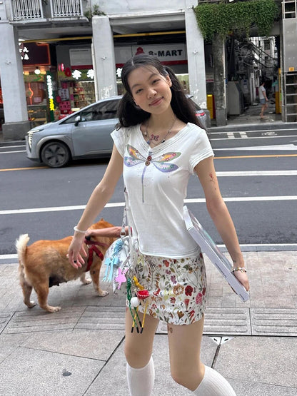 Cathy Dollette  Vintage Print T Shirt  Cotton Short Sleeve Korean Style Graphic Tees 2000s  Casual TopJapanese