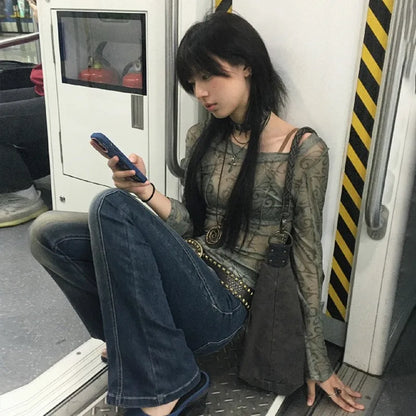Cathy Dollette Grunge s Mesh TopJapanese  Sheer TopVintage Harajuku See Through Crop Top Korean Fashion Tie Dye