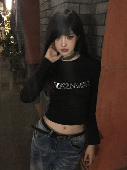 Cathy Dollette Hotsweet Black Print Letter Graphic T Shirts Long Sleeve Slim 2000s Clothes  Tees Female Clothing  Autumn Top