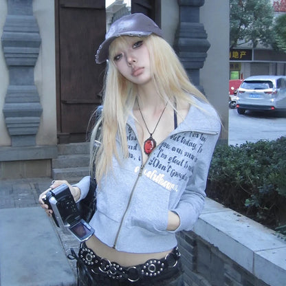 Cathy Dollette Grunge s Letter Print Jacket Trashy 2000s Style Zipper Outerwears Japanese  Grey Short Coat American Retro