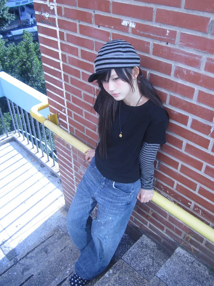 Cathy Dollette  Vintage   Patchwork Fake Two Pieces TopJapanese 2000s Grunge Top American Retro Tshirts