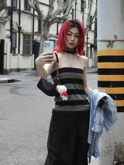 Cathy Dollette Patchwork Striped Tube Sleeveless Tank TopKorean Fashion 2000s Clothes  Summer 2025 Halter TopChic Corset Woman