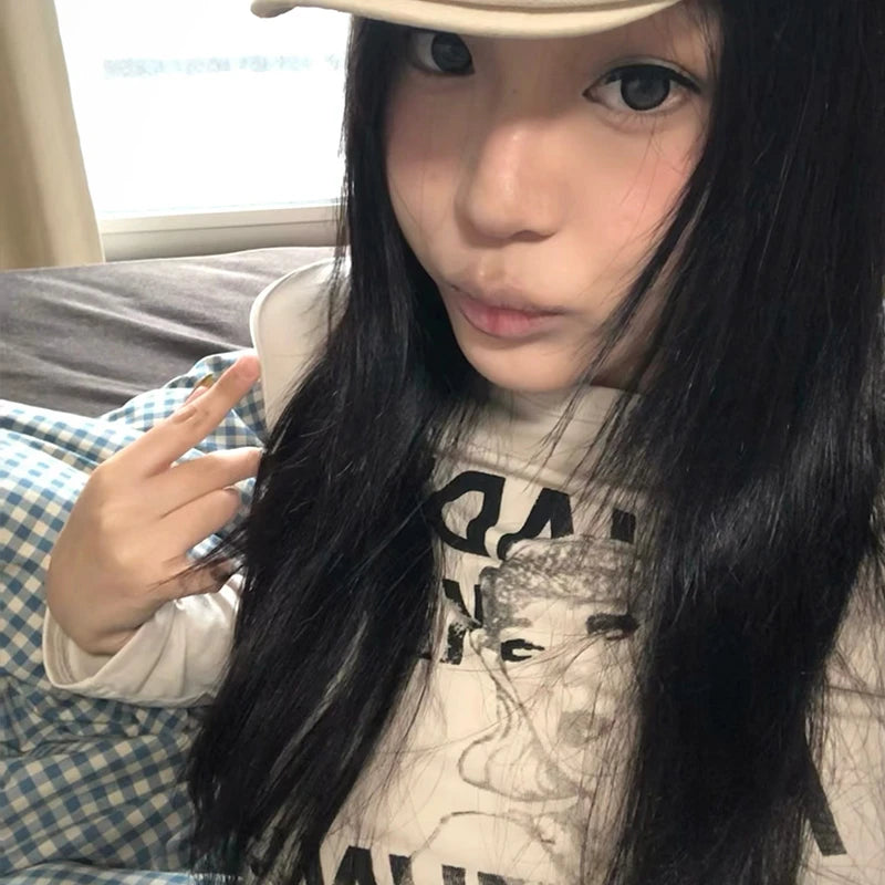 Cathy Dollette Japanese  Letter Print  Trashy 2000s Style Long Sleeve Crop Top Vintage Harajuku Grunge T Shirt American Retro