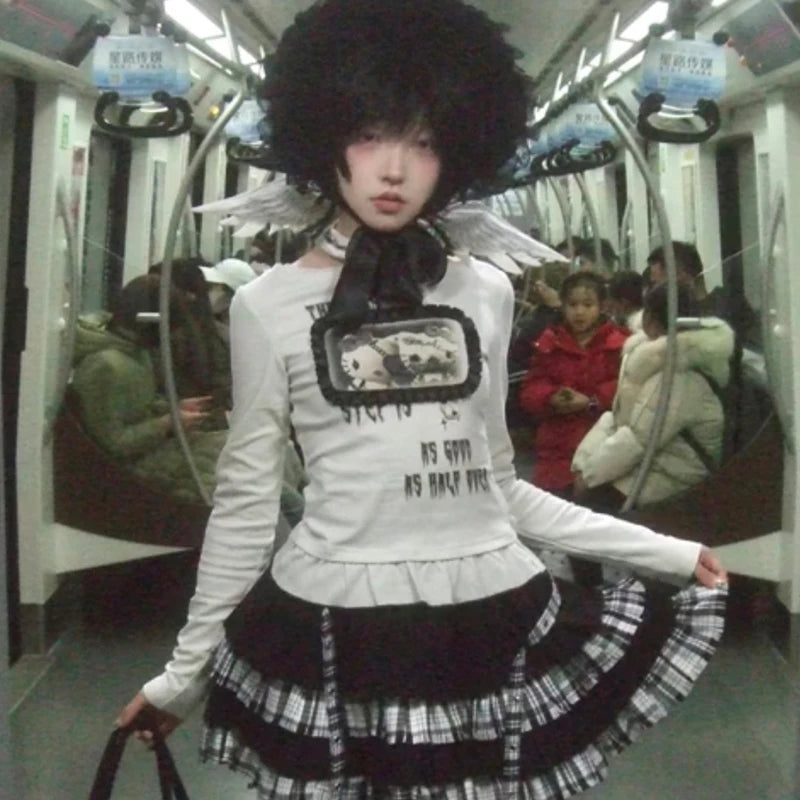 Cathy Dollette Japanese  Anime Print  Trashy 2000s Style Long Sleeve T Shirt Vintage Harajuku Lace Patchwork TopGrunge 90s
