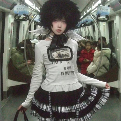 Cathy Dollette Japanese  Anime Print  Trashy 2000s Style Long Sleeve T Shirt Vintage Harajuku Lace Patchwork TopGrunge 90s